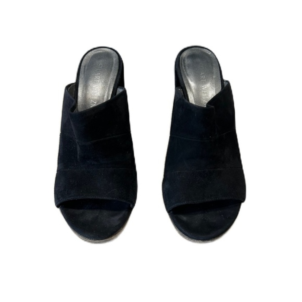 Stuart Weitzman Suede Mules 7.5 Black Heeled Slides Sandals Classic Minimalist